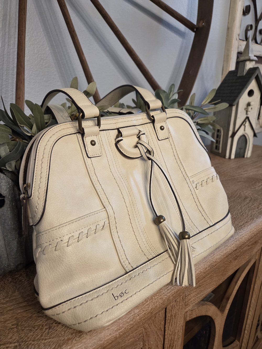 boc Cream Leather Tassel Top-Handle Shoulder Bag